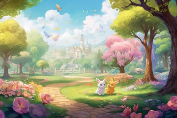 Poster - Spring landscape with fairy tale castle and rabbit. Digital painting illustration, A lovely park in spring with cute animals and blooming flowers, AI Generated