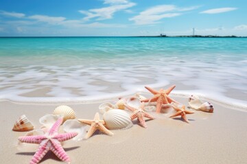 Wall Mural - Starfishes and seashells on a tropical sand beach, A tranquil beach with pastel-colored seashells and starfishes, surrounded by crystal clear water, AI Generated