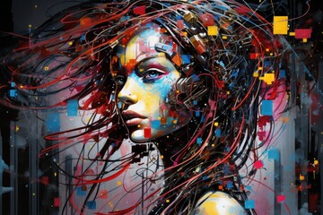 Wall Mural - Digital painting of a woman with creative make-up and messy hair, Abstract representation of a cybernetic metamorphosis, AI Generated