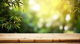 Fototapeta Sypialnia - background view of a bamboo forest with a bamboo wooden table in front, can be used for product presentations, posters and others. generative AI