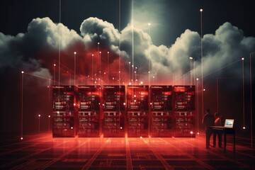 Poster - Digital composite of Servers in server room against red and blue background, Datos en la nube y red, Concepto de ciencia y tecnología, AI Generated
