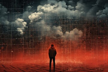 Poster - Rear view of businessman looking at abstract background with cloud computing concept, Datos en la nube y red, Concepto de ciencia y tecnología, AI Generated