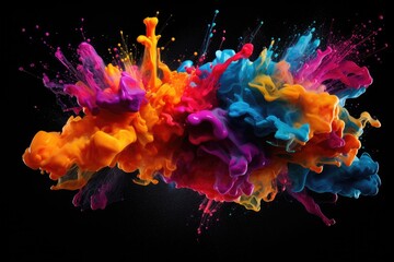 Poster - Colorful explosion of paint isolated on black background. Abstract colored background, Colorful paint splashes and blots on a black background, AI Generated