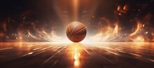 Basketball Photographed In The Middle Of The Basketball Court With The Effects Of Spotlights And Smoke. Generative AI