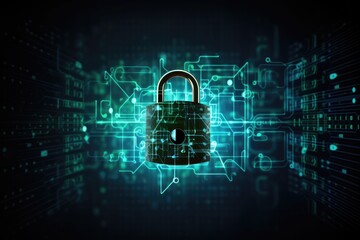 Poster - Cyber security concept with circuit board and padlock on blue background, Data Privacy Protection Business Technology Privacy concept on a virtual screen, AI Generated