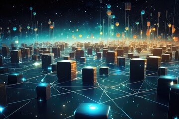 Poster - 3d rendering of abstract digital city with connection lines on dark blue background, Cyber big data flow, blockchain data fields, and network line connect stream, AI Generated