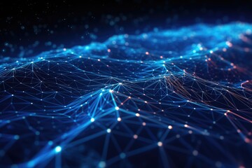 Poster - 3d rendering of abstract technology background with connecting dots and lines. Network concept, Cyber big data flow, blockchain data fields, and network line connect stream, AI Generated