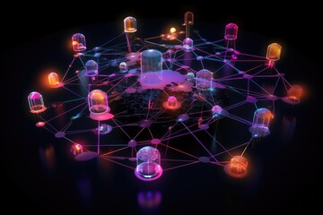 Poster - Global network concept on dark background. 3D rendering. Neon lights, Cyber big data flow, blockchain data fields, and network line connect stream, AI Generated