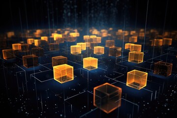 Poster - Abstract 3d rendering of cubes. Futuristic background with cubes, Data computation layer representing blockchain, AI Generated