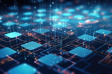 Poster - Circuit board, technology background, 3d rendering computer digital image, Data computation layer representing blockchain, AI Generated