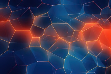 Poster - Abstract blue and orange background with hexagon pattern. 3d rendering, Display a blue-orange gradient digital polygons background, creating a fusion in a network grid, AI Generated