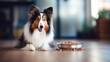 Collie dog waiting for food in a bowl Focus on the pellets in the bowl. pet food ideas