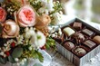 a box of expensive chocolate sweets next to a bouquet of flowers on a white tablecloth on the table 