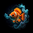 an ethereal and mesmerizing image of an Clown Fish Embrace the styles of illustration, dark fantasy, and cinematic mystery the elusive nature of smoke