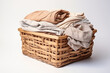Wooden basket with clothes white background