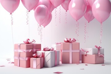 Birthday background Decoration with Pink balloons and gift boxes on white background. 3d render of birthday background, AI Generated