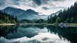 The background of a lake with mountains and trees is beautifully captured in a panoramic shot.