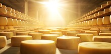 The Process Of Making Parmesan Cheese In A Factory. Piles Of Expensive Parmesan Cheese In A Cheese Factory. Generative AI
