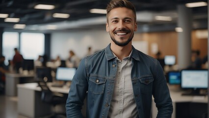 Poster - Portrait of a very happy joyful guy with blurred modern start up tech office background from Generative AI