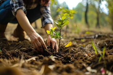 A woman plants a sapling in the ground. There is no face in the photo, only hands, a close-up view. Free space. The concept of caring for nature, landscaping