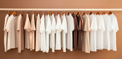 Wall Mural - Rows of white, light brown, brown and dark brown clothes were hung in the room. generative AI