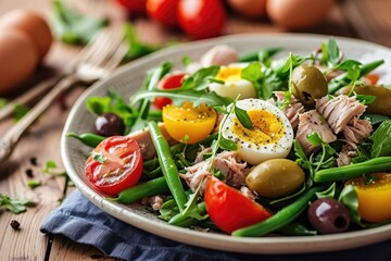 Wall Mural - Mediterranean Bliss: Salade Niçoise, a Refreshing Salad from Nice - Tuna, Hard-Boiled Eggs, Tomatoes, Olives, and Green Beans, Drizzled with Vinaigrette, Creating a Culinary Delight of Vibrant Flavors