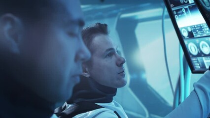 Wall Mural - Team of astronauts in a space suits aboard the orbital station. A crew of cosmonauts piloting the spaceship in space. Galactic travel and science.