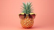 A Beautiful Pineapple Stands Against A Peach-colored Background In Gold Sunglasses