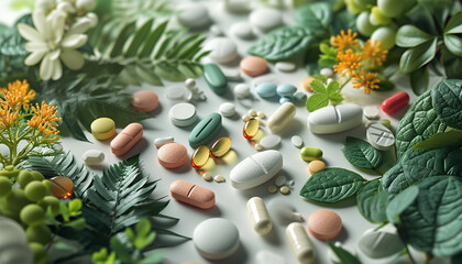 Wall Mural - Alternative medicine herbal organic capsule drug with herbs leaf natural supplements for healthy good life. Multivitamins and supplements with green leaves nature background