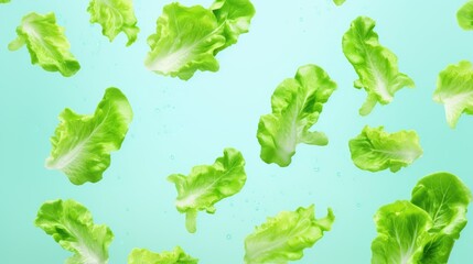 Fresh green lettuce falling on blue background. Top view, flat lay