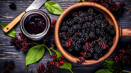 Wall Mural - Elderberry jam nestled in a glass jar on a wooden table