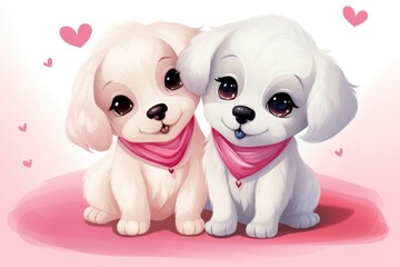 Illustration of two puppies in love with red hearts. Valentine's Day card.