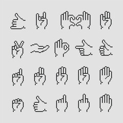 Poster - 8 bit pixel art hand icons, pixel hands gestures icons set. Game art isolated vector illustration.