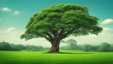Big Tree With Green Field And Blue Sky