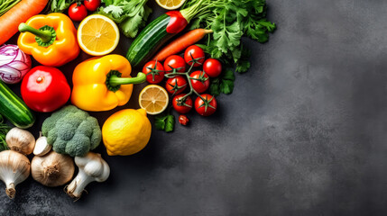 Wall Mural - Fresh vegetables elegantly arranged on a dark concrete canvas