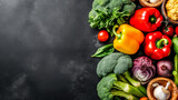 Fototapeta Kuchnia - Fresh vegetables elegantly arranged on a dark concrete canvas