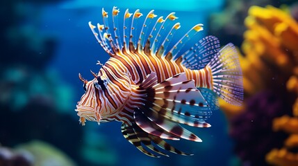 Wall Mural - A vertical close-up shot of an exotic tropical fish swimming in deep underwater water.