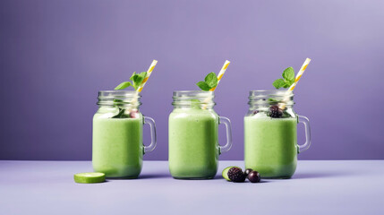 Wall Mural - Closeup of green vegetable, fruit smoothie drink with decoration of herb and green vegetables on purple background