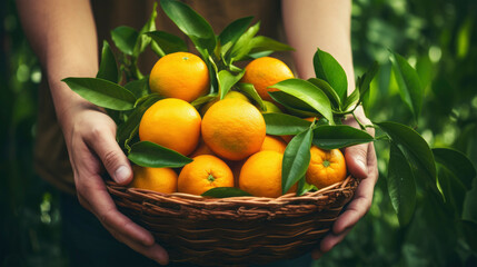 Wall Mural - Busket full of fresh healthy delicious fruits of oranges holding from hands of person 