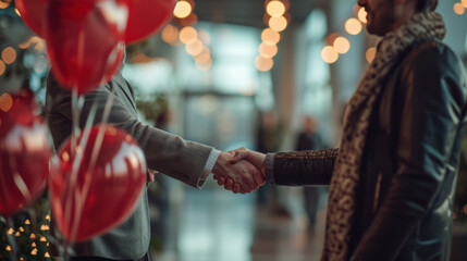 Two individuals greet each other with a handshake in a room adorned with red heart balloons, symbolizing friendship and celebration on a day of love.
