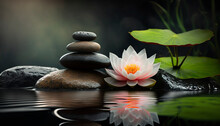 Zen Stones On A Background Of Water And Bamboo And Lotus Flowers. Generative AI,