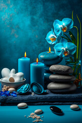 Wall Mural - skin care spa set, decoration, candle and towels, oil bottle and green leaves and blossoms. Generative AI,