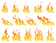 Fire flames icon set. Cartoon heat wildfire or bonfire, burn power fiery. Power light energy silhouettes. Campfire element in flat style. Isolated vector illustration