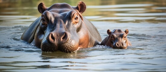 adult hippopotamus and baby in water.