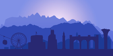 Poster - Silhouette of mountains borders and attractions in Antalya city, Turkey. Blue background