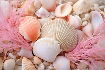 Wall Mural - Nature, graphic resource concept. Abstract and minimalist various shapes and forms corals and seashells background with copy space. Tones image with pink color