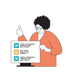 Poster - Marketing and development concept with cartoon people in flat design for web. Woman creating product presentation with tasks list. Vector illustration for social media banner, marketing material.