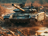 Fototapeta  - Russian T-72 main battle tank in a mud