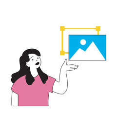 Poster - Design development concept with cartoon people in flat design for web. Woman creating trendy visualization with digital image or photo. Vector illustration for social media banner, marketing material.