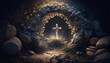 Resurrection - light in an empty tomb with a crucifix at dawn. Generative AI,